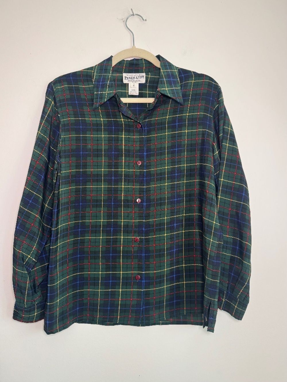 Vintage Pendleton 100% Silk Green Tartan Plaid Button Down Shirt | Size 4 Petite